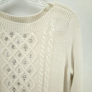 Talbots Cable Knit Rhinestones Chunky Knit Cotton Wool Neutral Ivory Sweater MP